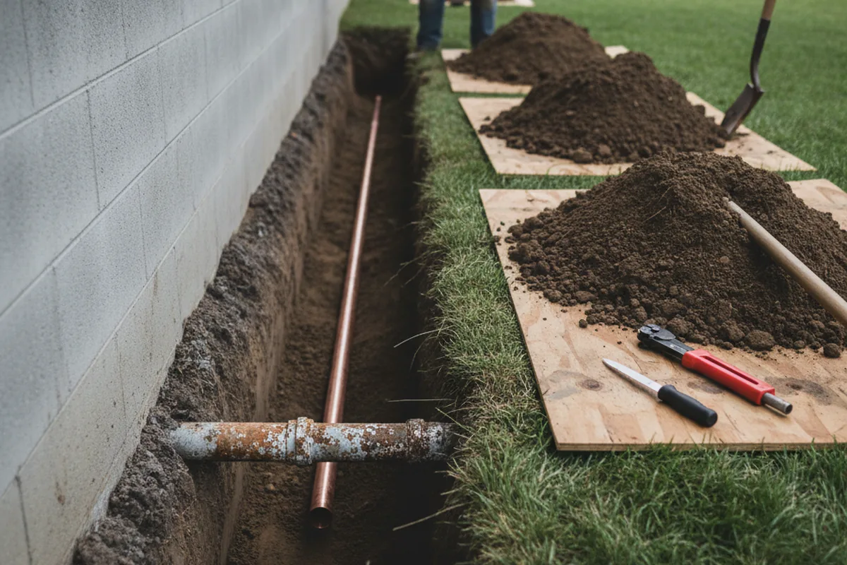 Excavated water line trench during Sewer Line Repair in Murphy